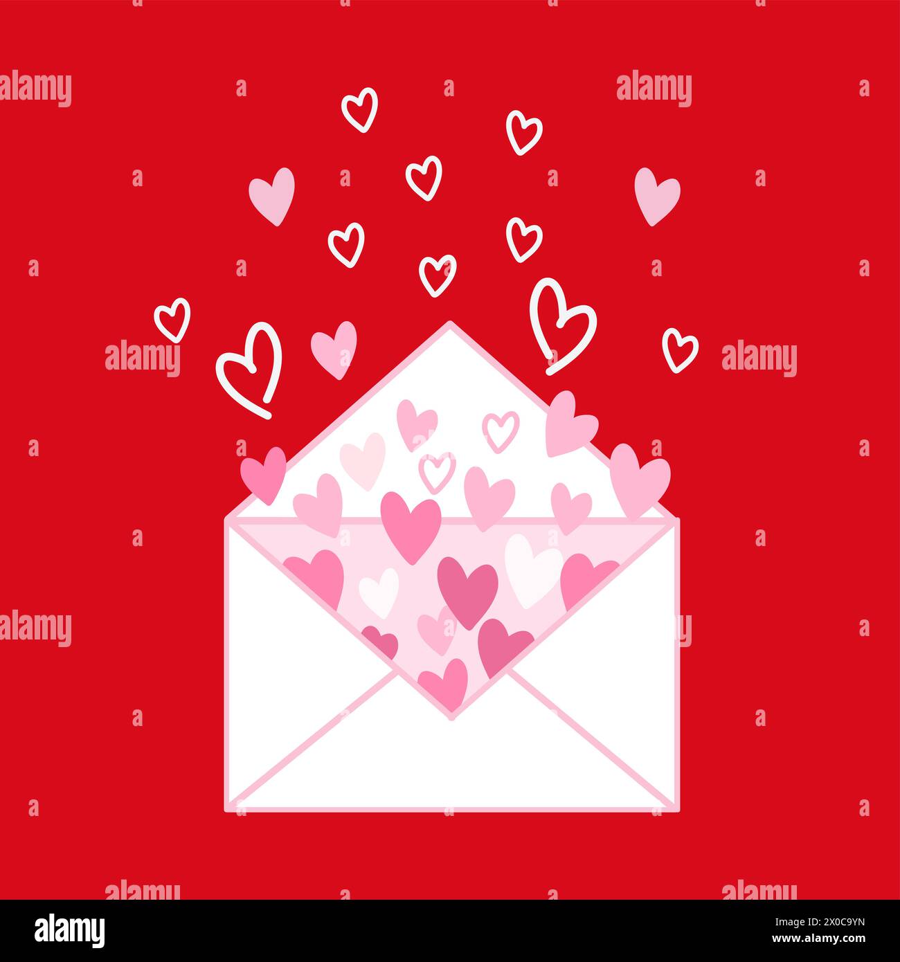 Illustrations de lettre d'amour avec des coeurs sur un fond rouge pour la carte de Saint-Valentin, signe d'amour, enveloppe, logo, icône, imprimer, papier peint, médias sociaux Illustration de Vecteur