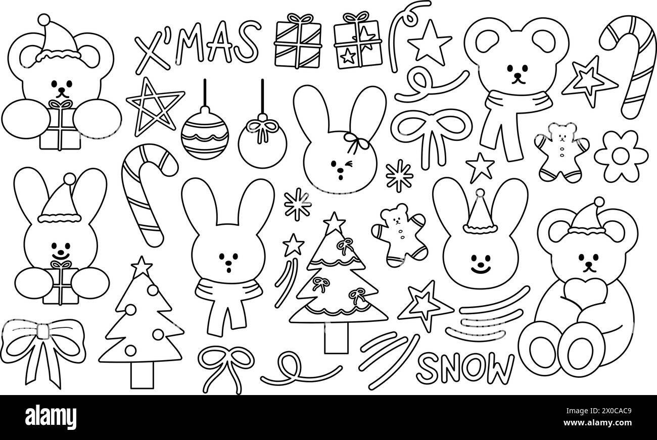 Contours de Noël et du nouvel an de ours en peluche, lapin, canne à bonbons, boîte cadeau, arbre, ruban, lumières, homme en pain d'épice, ruban, étoile filante, fleur Illustration de Vecteur