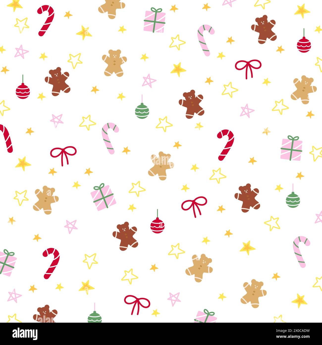 Illustrations de Noël et du nouvel an de l'homme en pain d'épice, canne à bonbons, boîte cadeau, ruban, étoile sur un fond blanc pour carte, papier peint, emballage cadeau Illustration de Vecteur