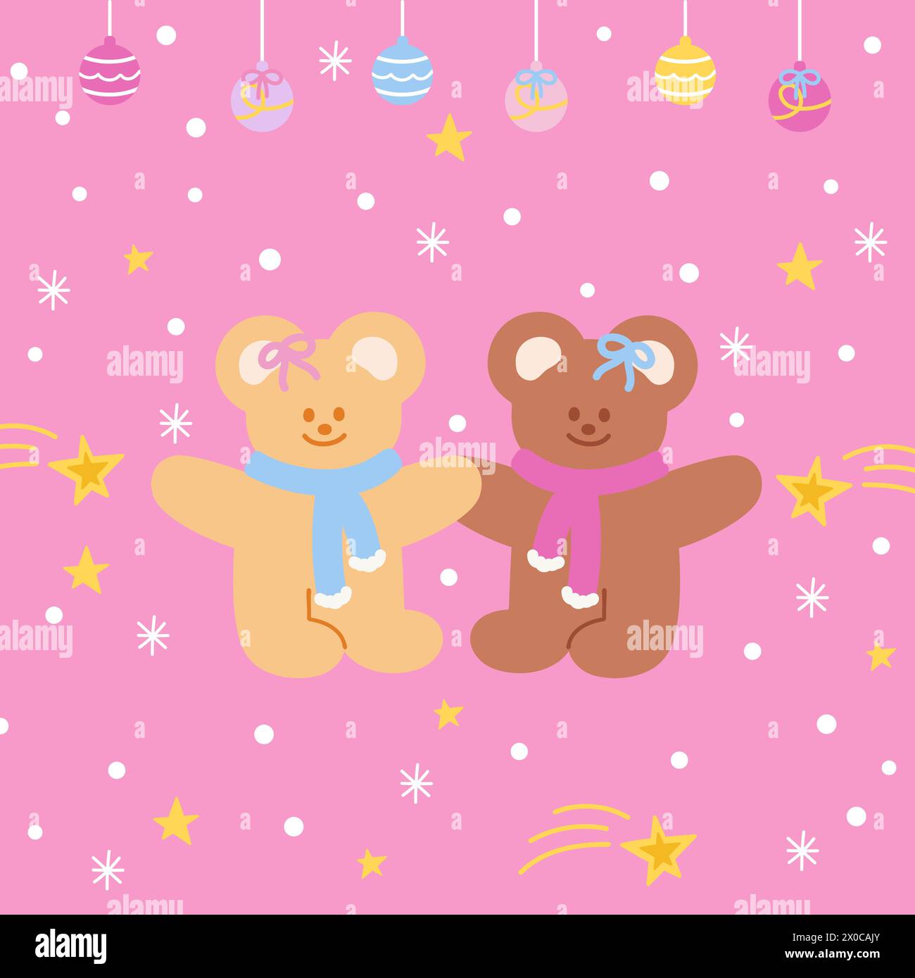 Illustrations de Noël et du nouvel an d'ours en peluche, ornement, neige, flocon de neige, écharpe d'hiver sur un fond rose pastel pour carte de Noël, papier peint Illustration de Vecteur