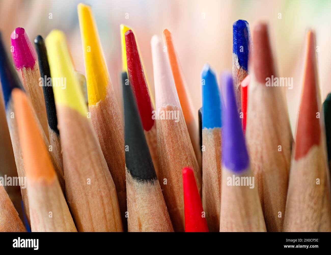 Bouquet de crayons multicolores, gros plan, mise au point sélective, fond abstrait d'éducation artistique Banque D'Images
