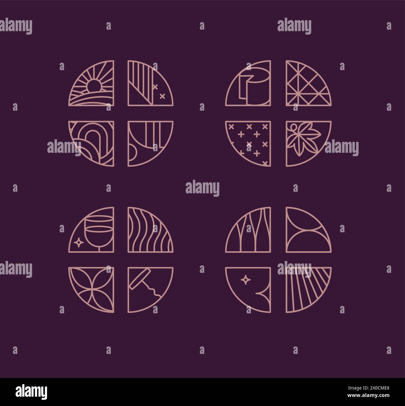 Chevrons art déco de vin dessinant dans un style linéaire sur fond violet Illustration de Vecteur