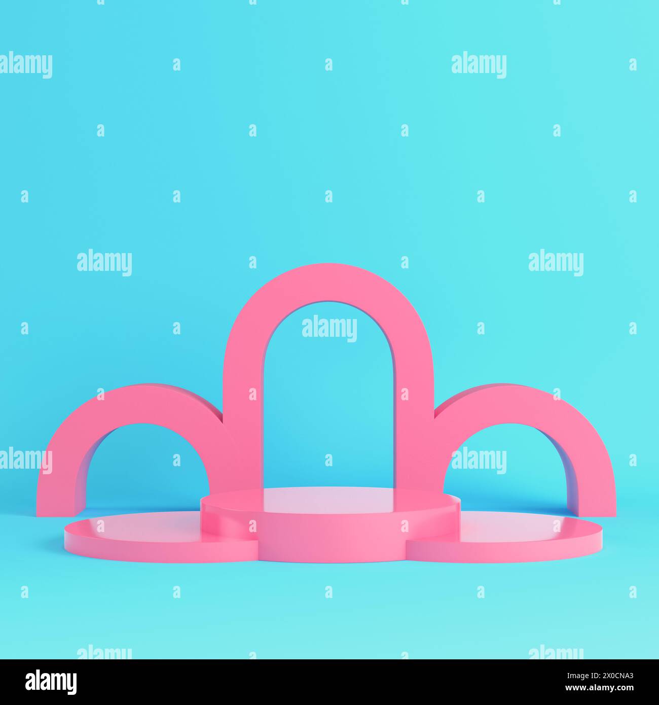 Piédestal cylindrique rose en forme d'arc pour l'affichage du produit sur fond bleu vif dans des couleurs pastel. Concept de minimalisme. rendu 3d. Banque D'Images
