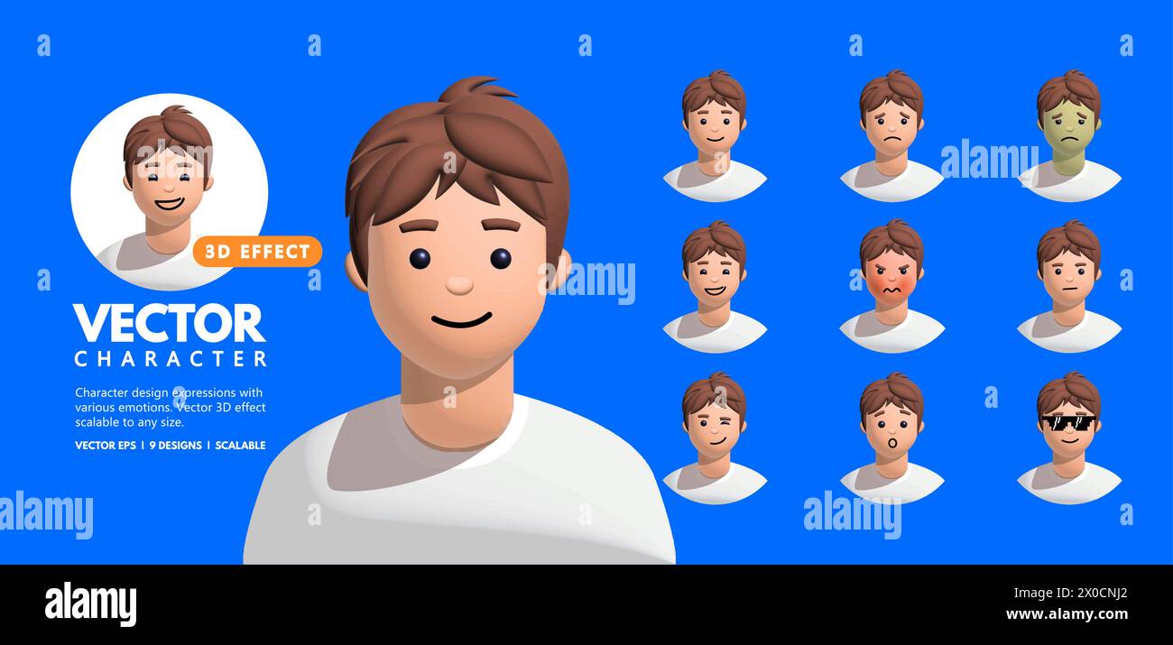 Un vecteur d'effet 3D jeu de dessins animés d'avatar de jeune personnage masculin avec divers sentiments et expressions. Illustration de Vecteur