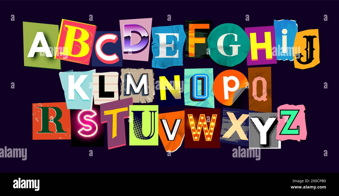 Collection créative de lettres de livre de ferraille, alphabet de note de rançon. Illustration de police vectorielle. Illustration de Vecteur