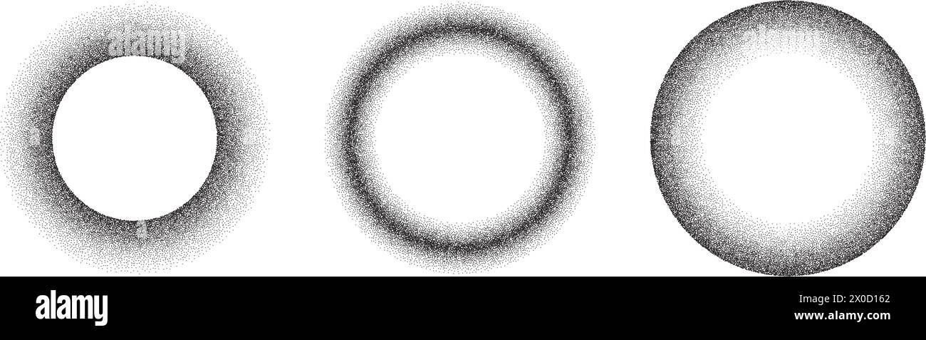Trame de gradient de bruit. Bordure de cercle de points. Texture à grain annulaire. Motif à pointillés ronds. Ensemble de demi-tons sphériques. Illustration de Vecteur