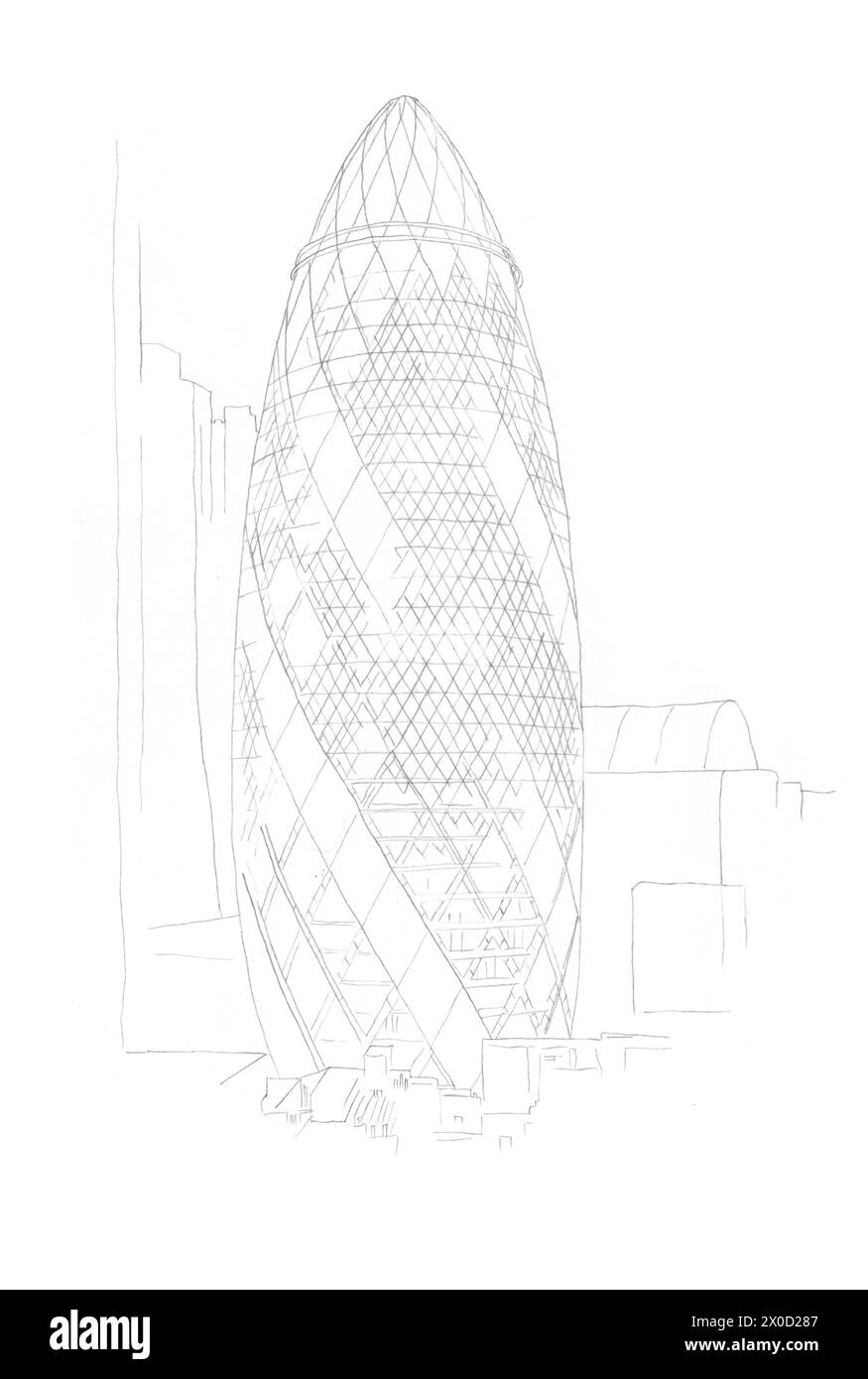 Croquis de dessin au crayon architectural du gratte-ciel Gherkin à Londres, Royaume-Uni Banque D'Images