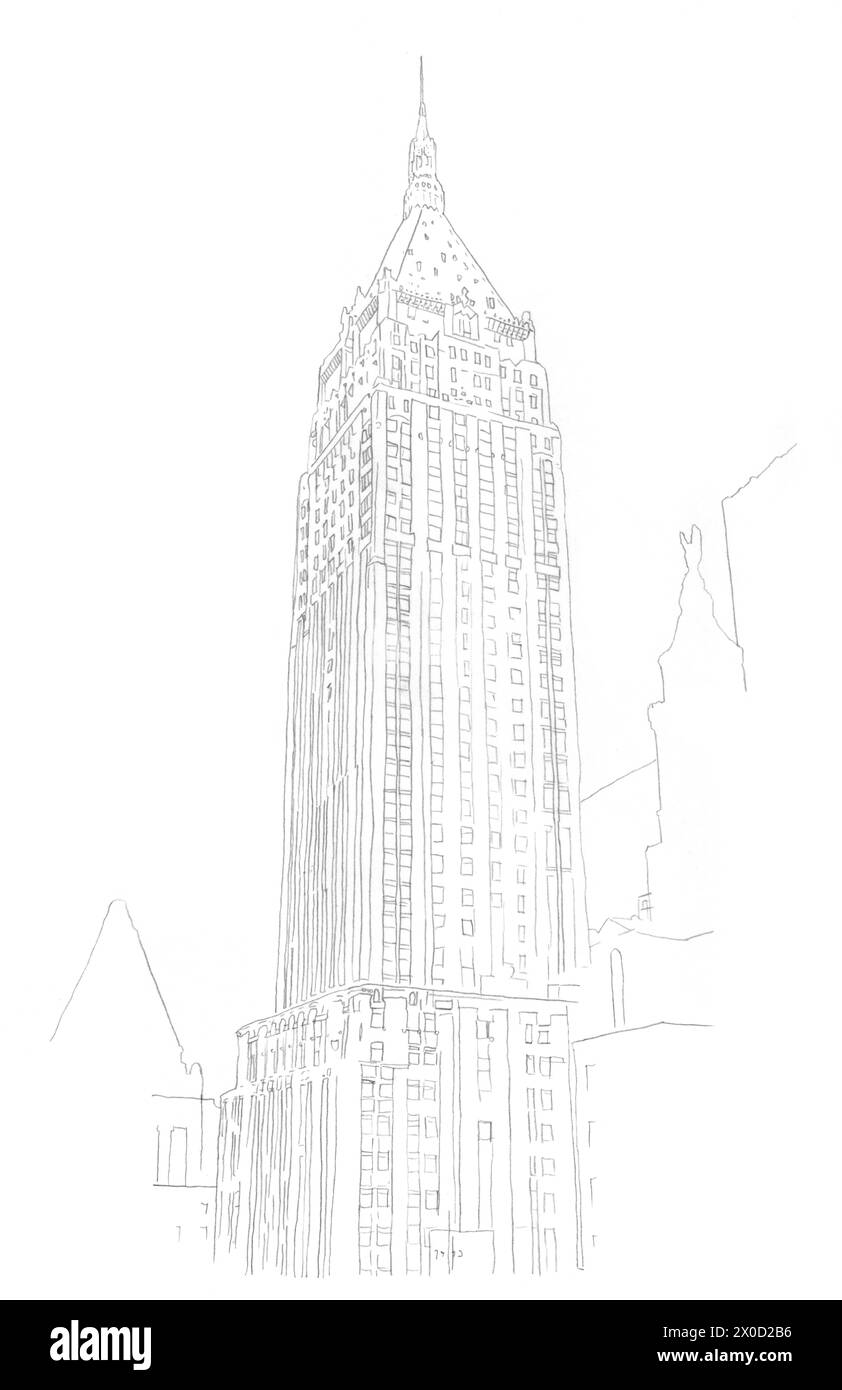Croquis de dessin au crayon architectural du bâtiment de gratte-ciel sur Wall Street, New York, États-Unis Banque D'Images