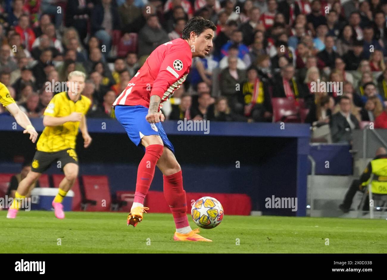Madrid, Espagne. 10 avril 2024. José María Giménez de l'Atletico Madrid lors de l'UEFA League, quarts de finale, match de 1ère manche entre l'Atletico Madrid et le Borussia Dortmund le 10 avril 2024 au Metropolitano Stadium de Madrid, Espagne. Photo de Laurent Lairys/ABACAPRESS.COM crédit : Abaca Press/Alamy Live News Banque D'Images