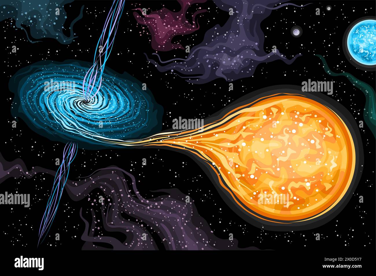 Illustration vectorielle de trou noir, affiche horizontale astronomique avec trou noir tournant capturé étoile orange supermassive dans l'espace profond, décoratif Illustration de Vecteur
