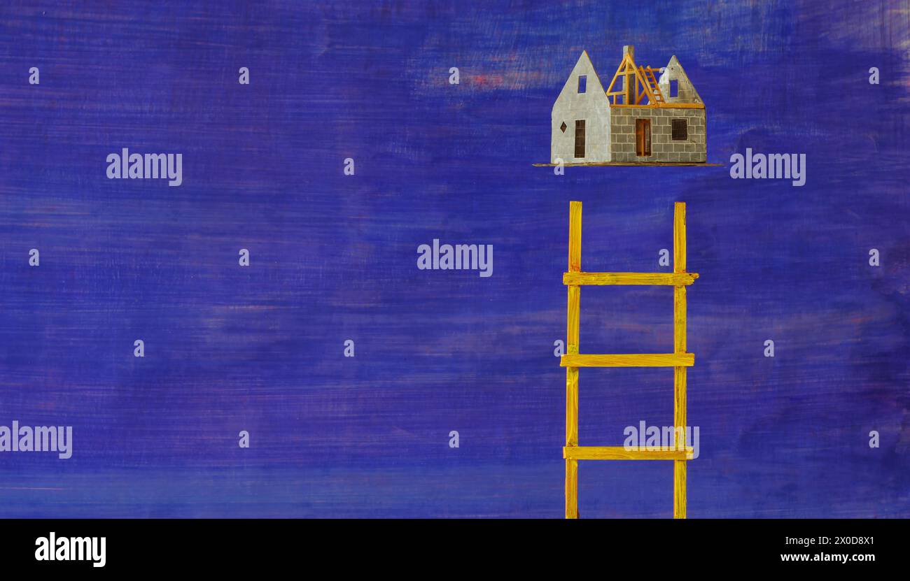 le rêve de la propriété, maison modèle en construction et échelle de succès, image conceptuelle, grande copie gratuite Banque D'Images