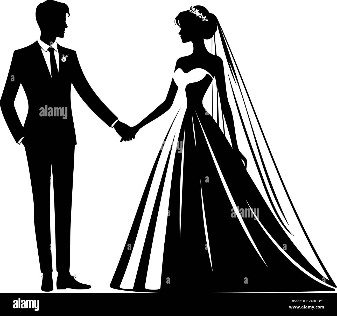 Mariée et mariée tenant les mains silhouette. Couple de mariage. Illustration vectorielle Illustration de Vecteur