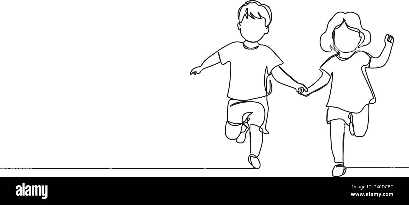 dessin en ligne simple continu de la fille et du garçon en bas âge courant main dans la main, illustration vectorielle d'art au trait Illustration de Vecteur