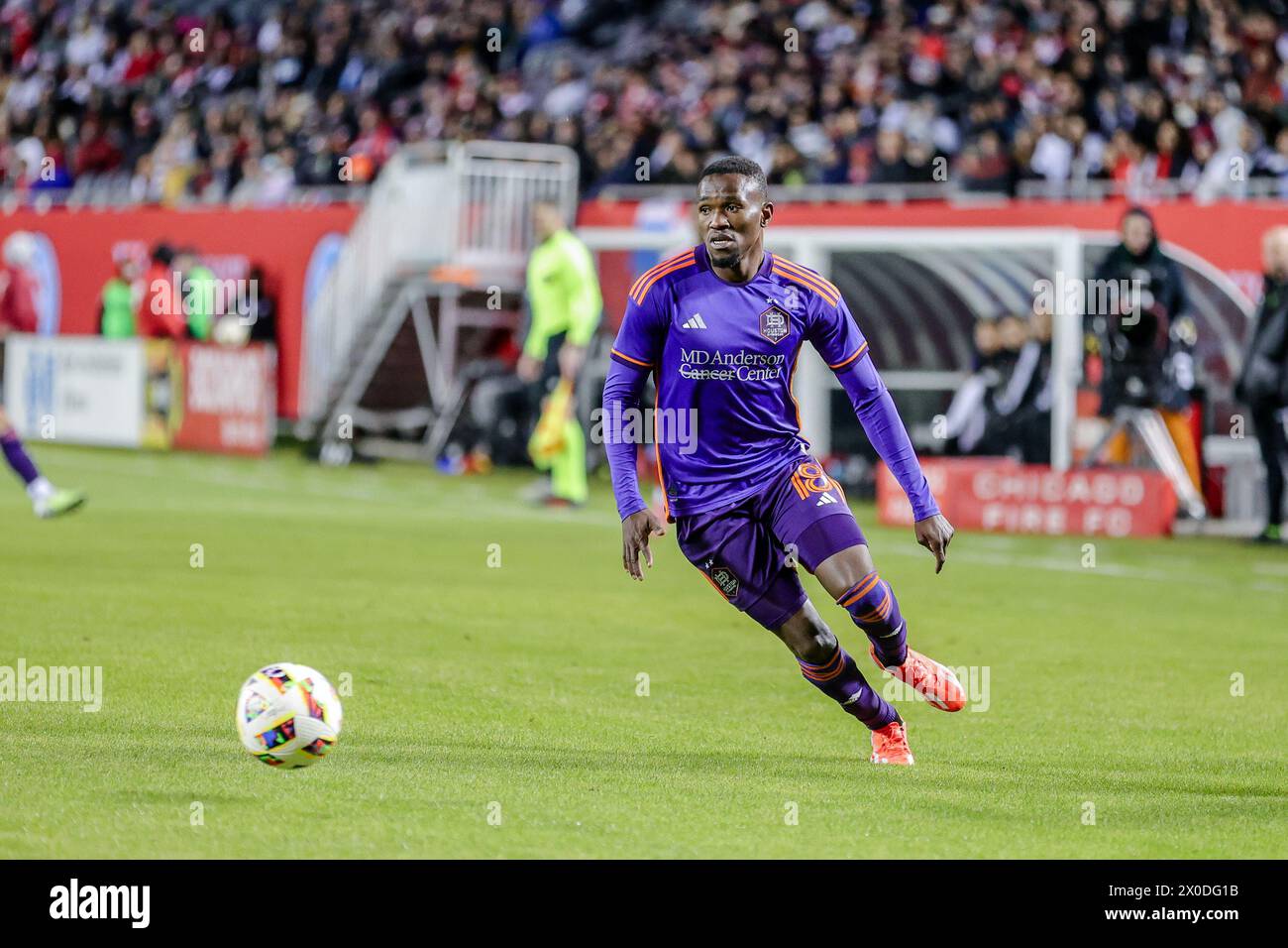 Ibrahim Aliyu #18, attaquant du Houston Dynamo FC jouant au Soldier Field, Chicago, il le 6 avril 2024. Banque D'Images