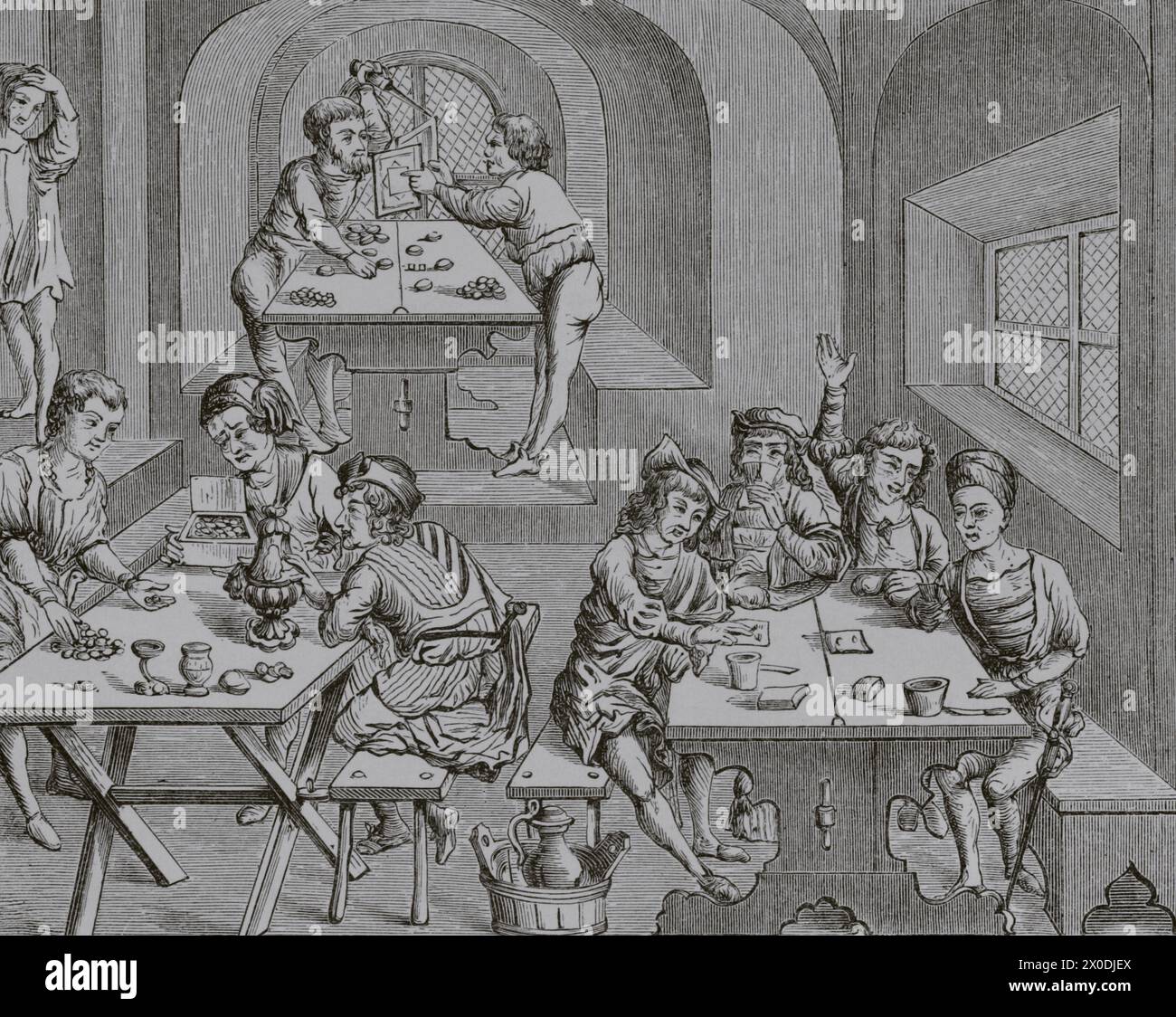 Intérieur d'une auberge. Fac-similé du XIXe siècle d'après une gravure sur bois d'une édition des œuvres de Virgile parue à Lyon en 1517. « Moeurs, usages et costumes au moyen-âge et à l'époque de la Renaissance », de Paul Lacroix. Paris, 1878. Banque D'Images