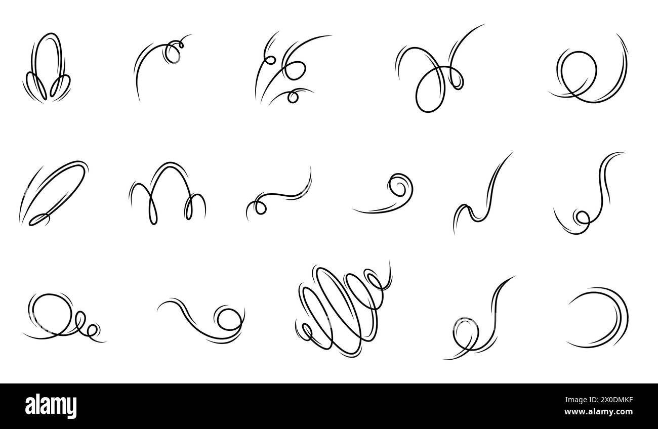Ensemble de souffle de vent dans le style doodle, illustration vectorielle sur fond blanc. Une vague d'air froid par temps venteux. Contour du symbole RUSH pour l'impression Banque D'Images