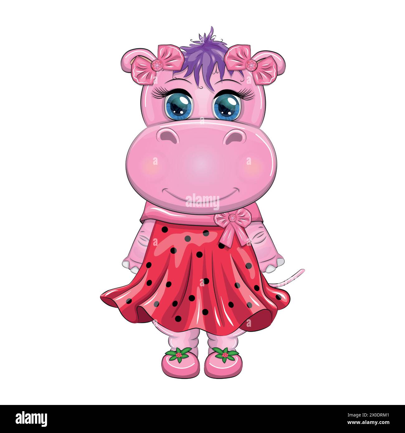 Mignon dessin animé Hippo Princess en robe rouge coccinelle Illustration de Vecteur