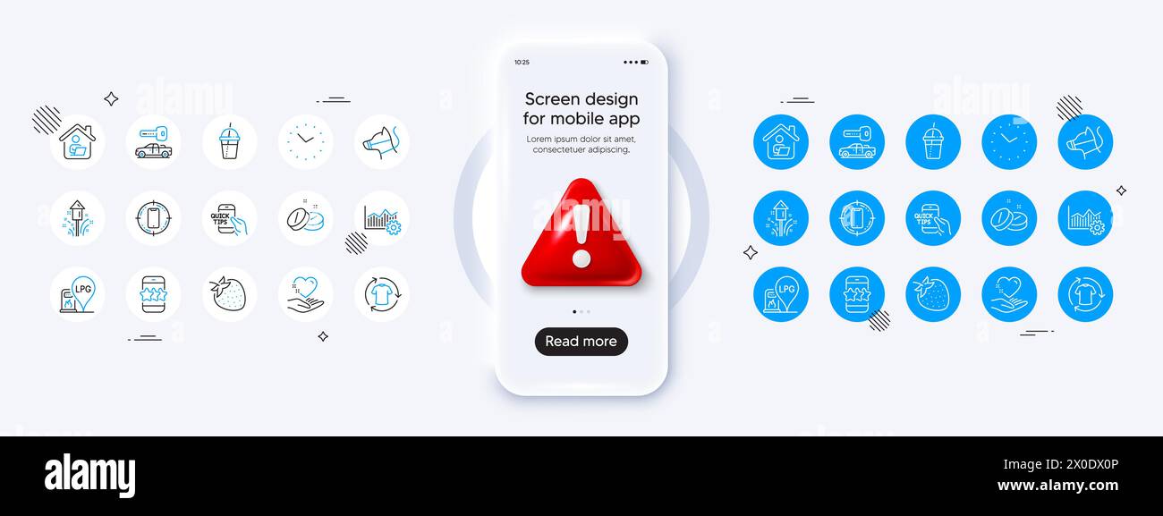 Tablette médicale, clé de voiture et icônes de ligne Hold Heart. Pour l'application Web, impression. Maquette de téléphone avec icône danger 3D. Vecteur Illustration de Vecteur
