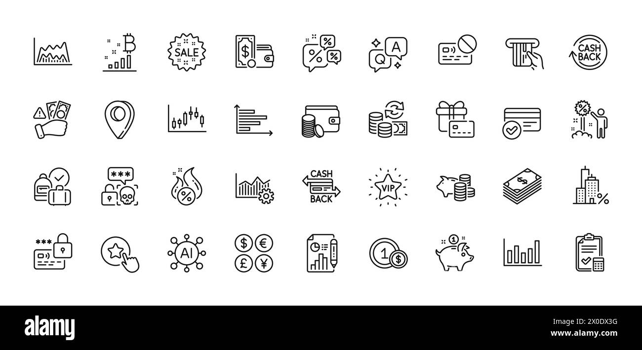 Pack d'icônes de document de rapport, de cashback et de ligne de verrouillage. Pour l'application Web. Icônes de ligne. Vecteur Illustration de Vecteur