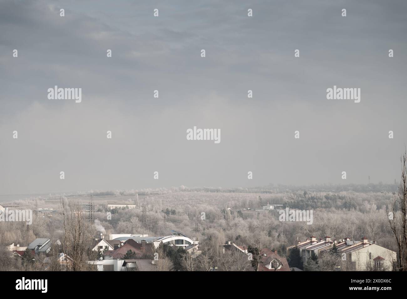 Beau paysage matinal de la banlieue. Les maisons et les arbres sont couverts de givre sous un ciel gris. Banque D'Images