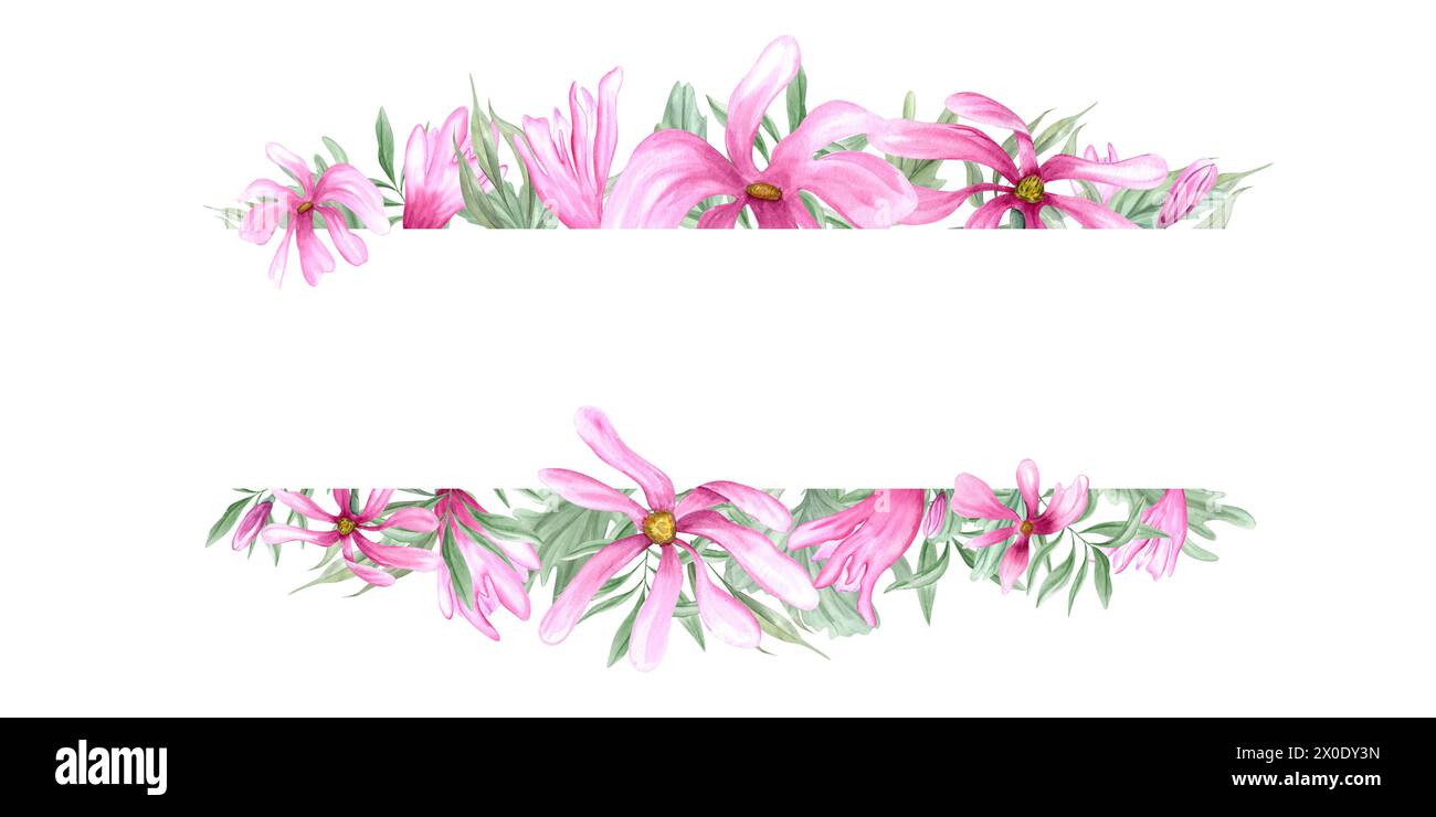 Fleurs roses abstraites. Feuilles vertes et fleurs de magnolia. Branches de laurier rose. Cadre romantique horizontal avec espace de copie pour le texte. Banque D'Images