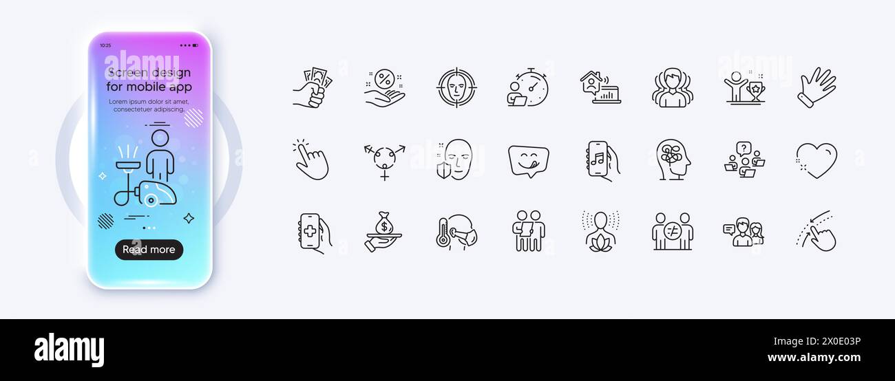 Mains, homme malade et icônes de ligne de nettoyage pour l'application Web. Icône de pictogramme. Écran dégradé de la maquette de téléphone. Vecteur Illustration de Vecteur