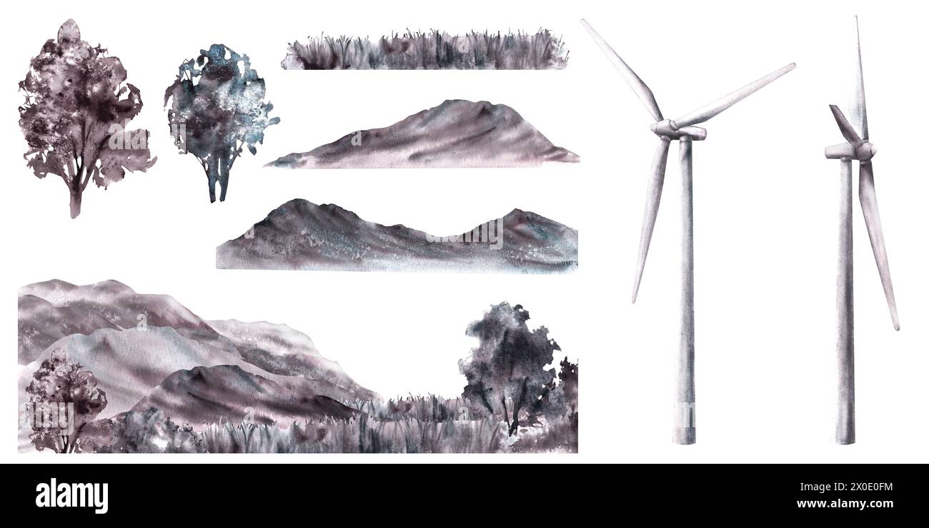 Constructeur de paysage monochrome avec moulins à vent, éolienne, collines, montagnes, herbe et arbres. Illustration d'aquarelle dessinée à la main. Énergie écologique Banque D'Images