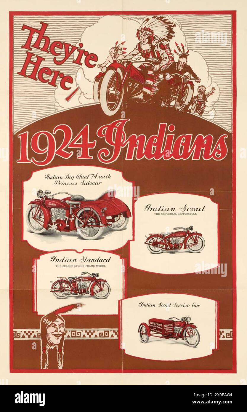 Affiche publicitaire vintage 1924 Indians Motorcycle. Banque D'Images
