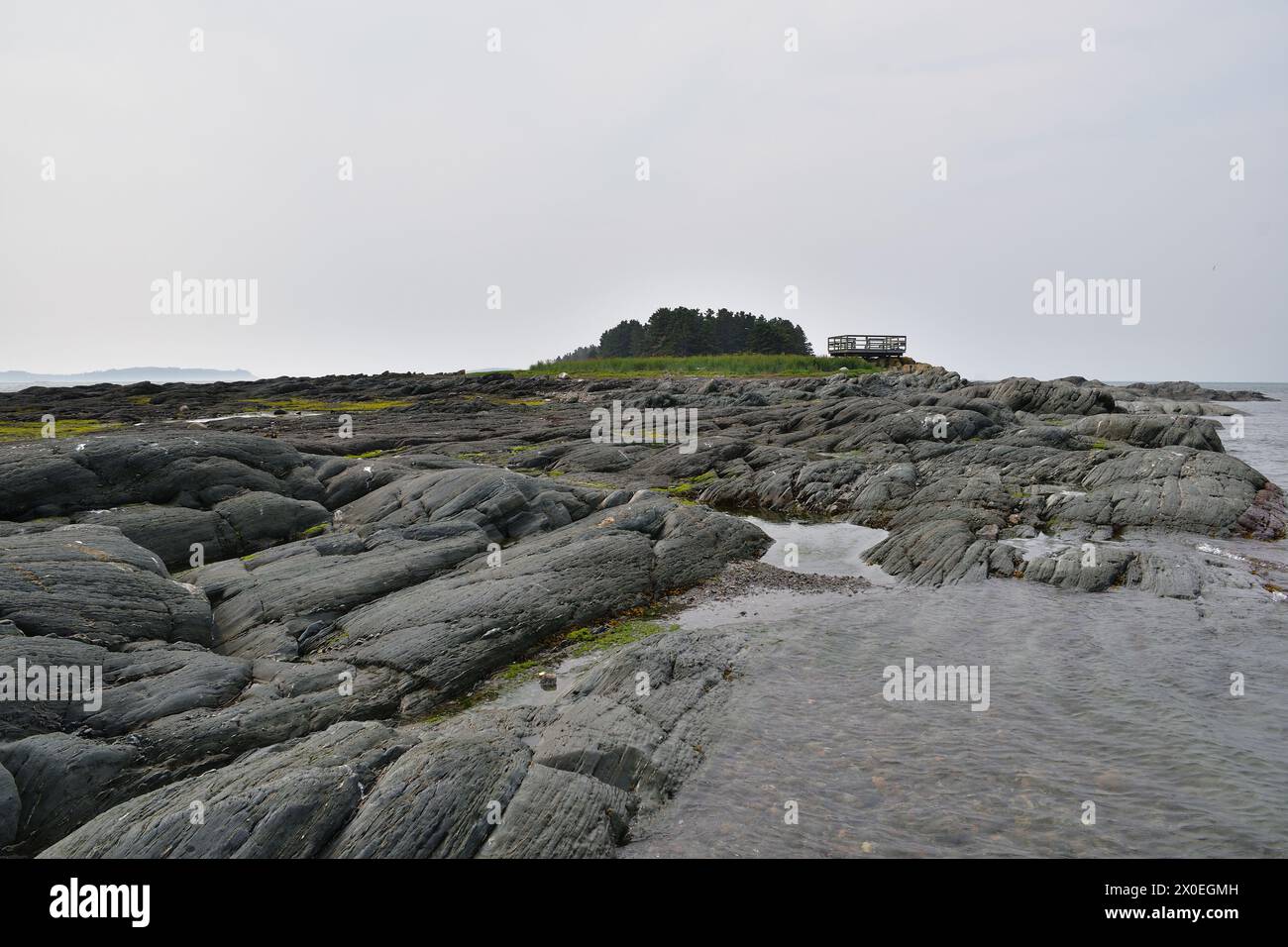 Plate-forme observatoire en bois sur Island cape. Rochers arrondis par l'océan. Ile aux lièvres sur le fleuve Saint-Laurent. Se sentir petit dans ce monde Banque D'Images