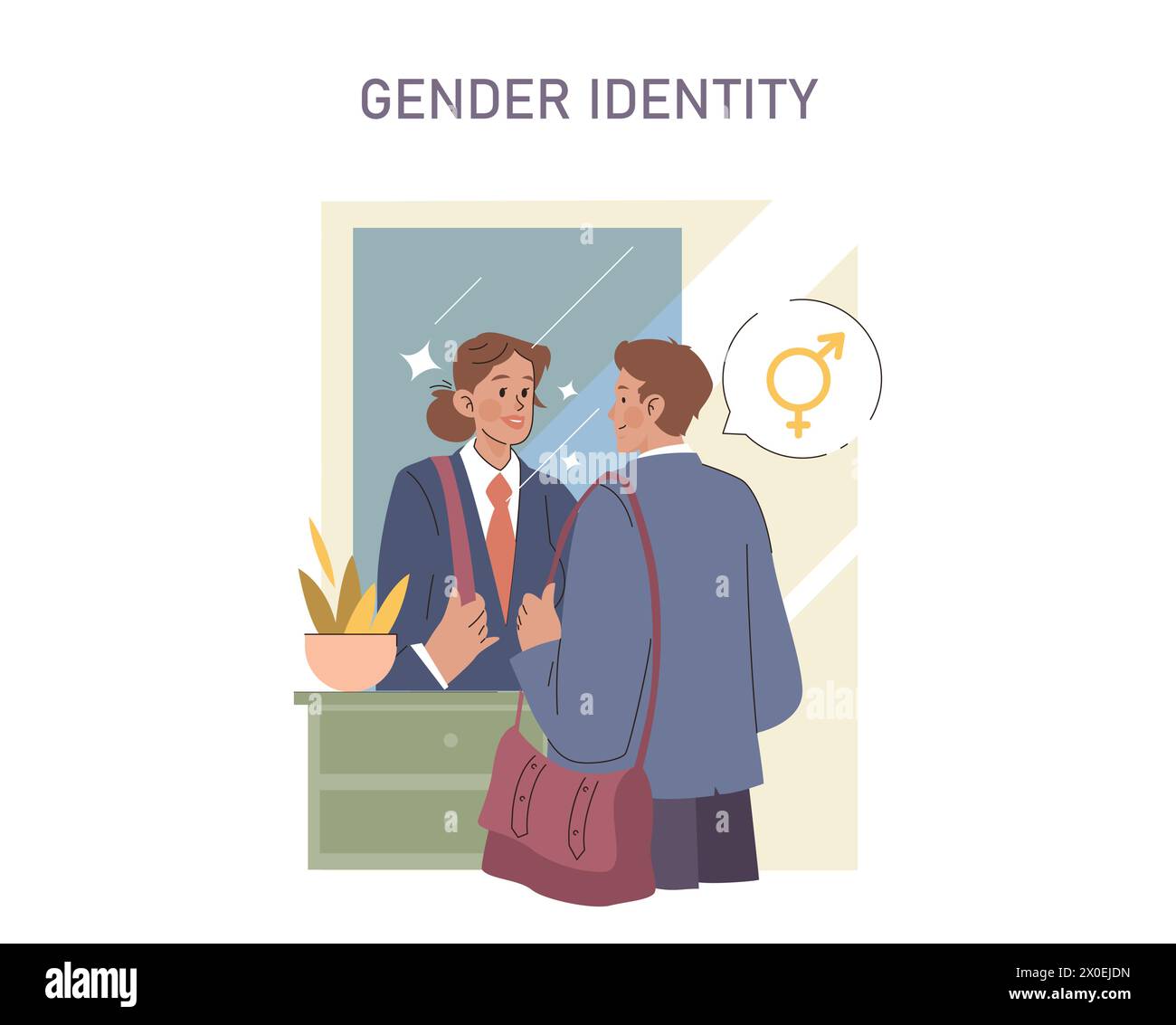 Concept d'identité de genre. Un moment de réflexion de reconnaissance de soi, mettant en évidence la réalisation personnelle de l’identité de genre avec un symbole de transformation. Illustration de Vecteur
