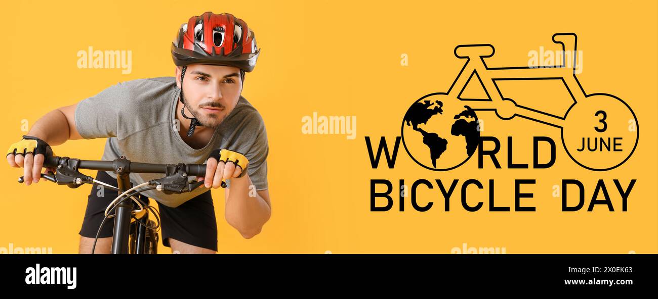 Cycliste masculin sur fond jaune. Bannière pour la Journée mondiale du vélo Banque D'Images