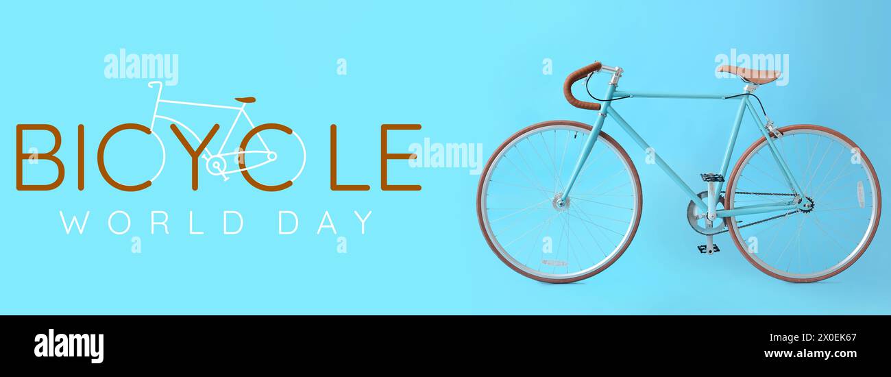 Vélo moderne sur fond bleu. Bannière pour la Journée mondiale du vélo Banque D'Images