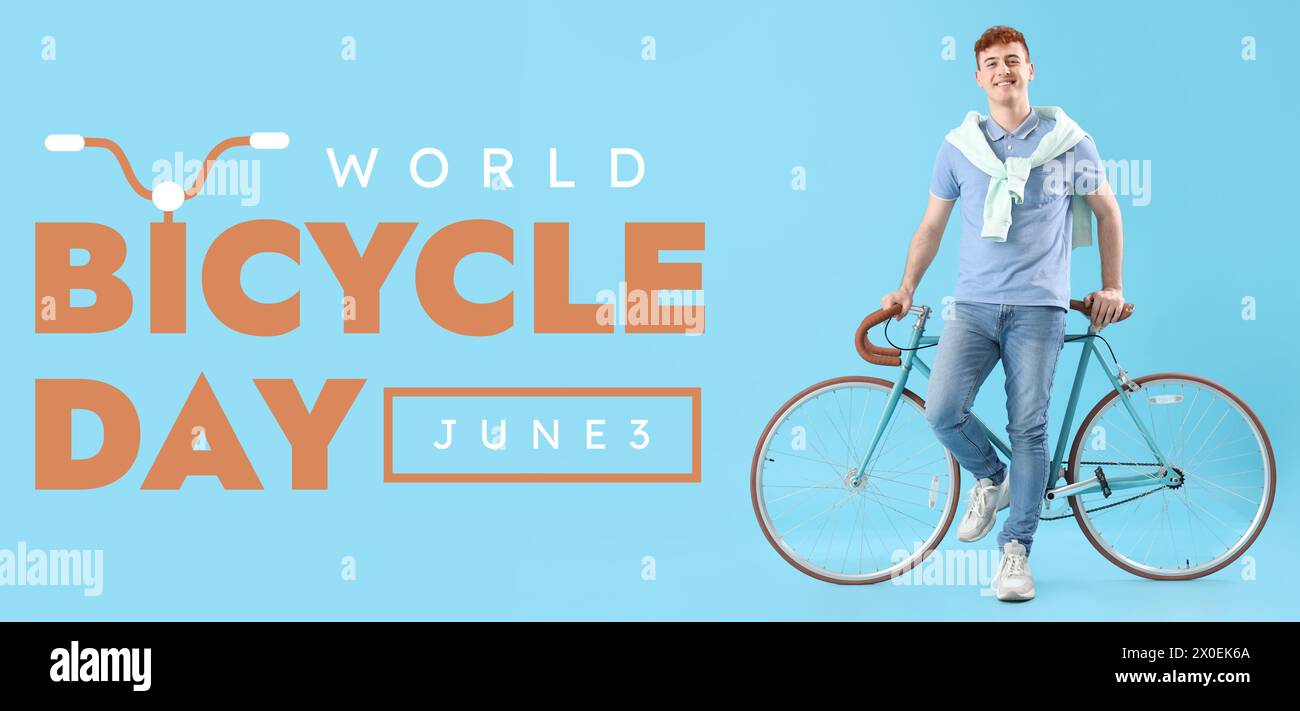 Jeune homme avec vélo sur fond bleu. Bannière pour la Journée mondiale du vélo Banque D'Images