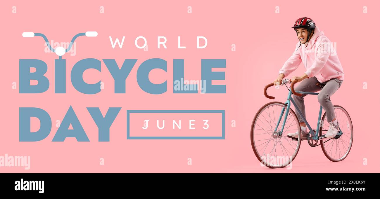 Jeune homme à vélo sur fond rose. Bannière pour la Journée mondiale du vélo Banque D'Images