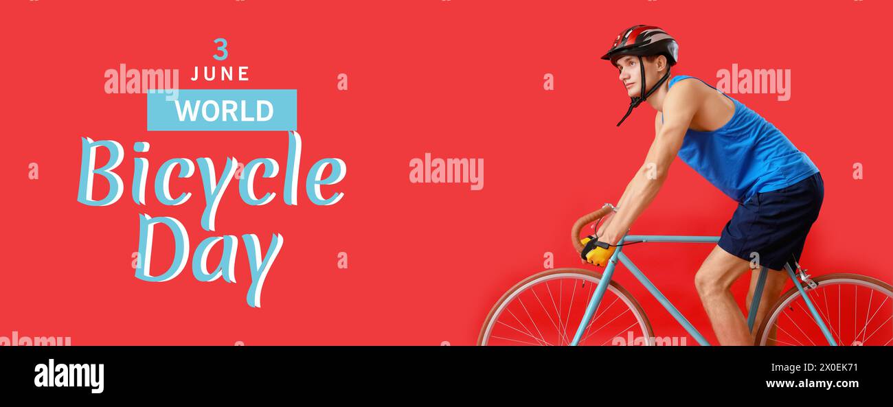 Jeune homme à vélo sur fond rouge. Bannière pour la Journée mondiale du vélo Banque D'Images