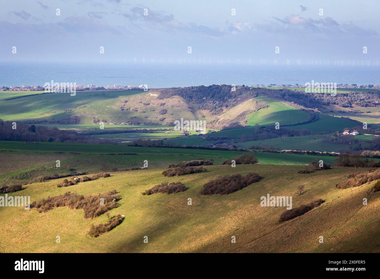 Le cheval blanc de Litlington en hauteur et au-dessus de la vue de Wilmington Hill sur le sud descend à l'est du Sussex sud-est de l'Angleterre Royaume-Uni Banque D'Images