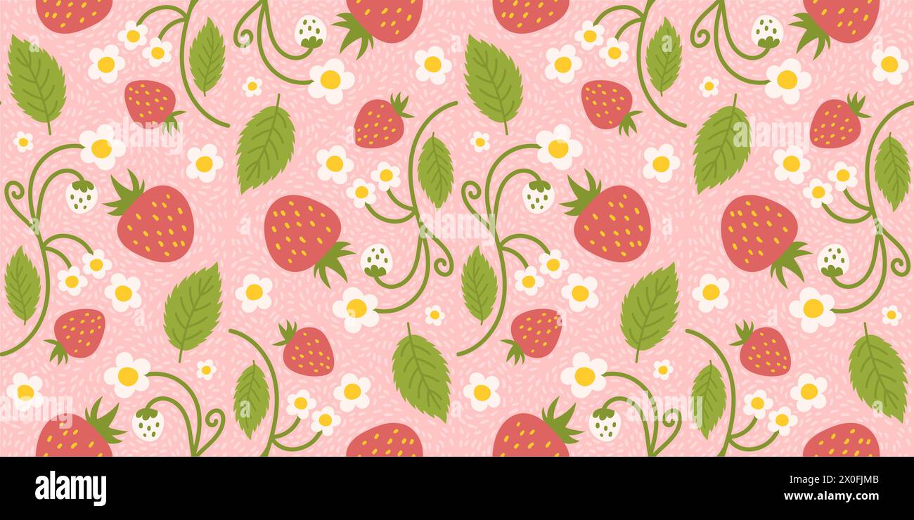 Conception d'un motif de fraise sans couture avec de charmantes baies, des fleurs, des feuilles vertes. Conception de surface répétée applicable pour les vêtements, les textiles, les wrappi Illustration de Vecteur