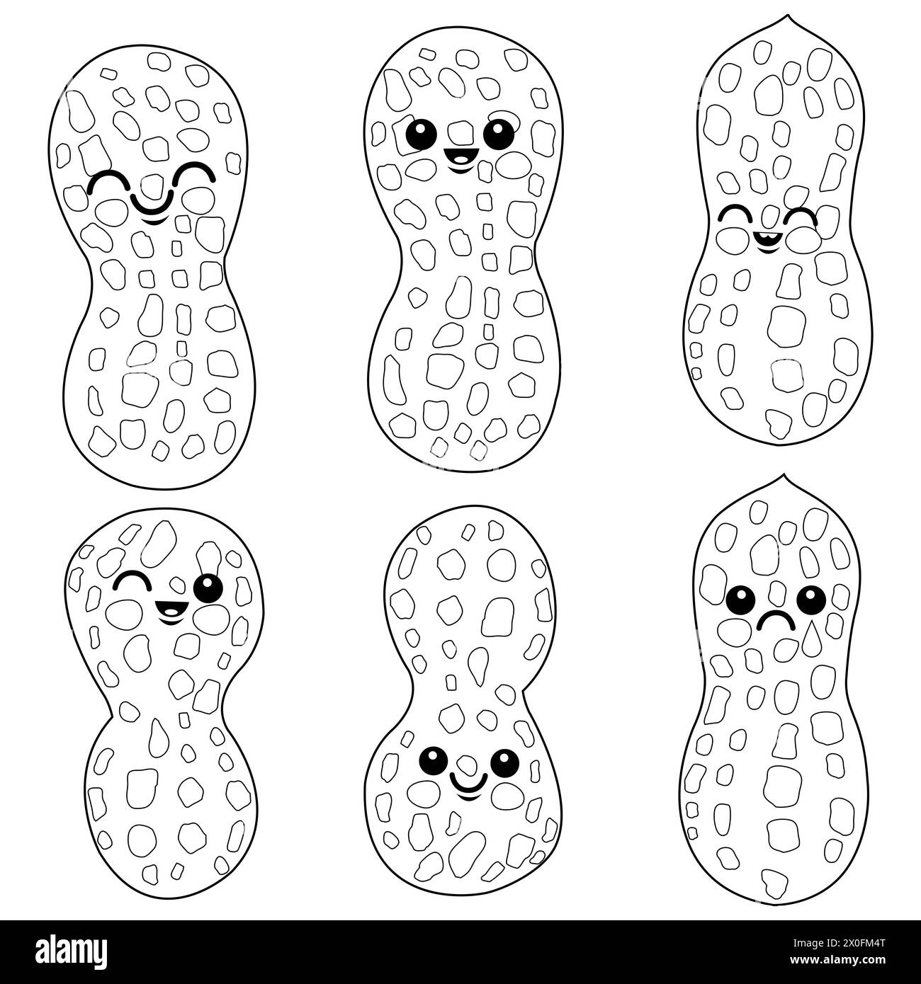 Personnages de cacahuètes mignons. Ensemble de cacahuètes de dessin animé. Coloriage noir et blanc Banque D'Images