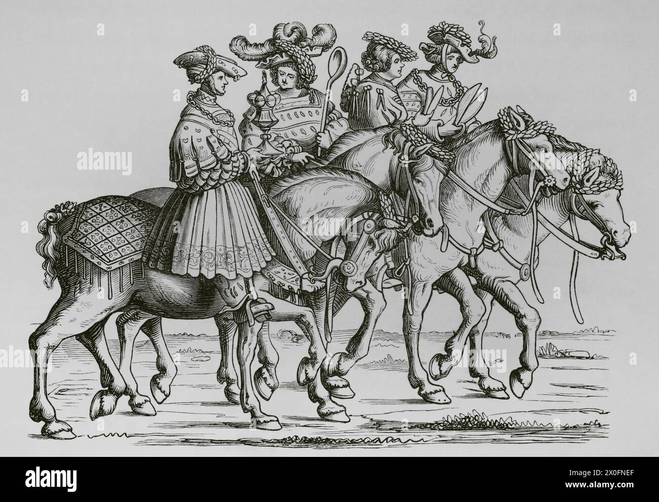 Saint Empire romain germanique. Officiers de la table et de la chambre de la cour impériale : majordome, cuisinier, barbier et tailleur. Gravure d'après 'le Triomphe de l'Empereur Maximilien I', par J. Resch, Burgmayer ; dessin d'Albrecht durer (1471-1528), 1512. « Moeurs, usages et costumes au moyen-âge et à l'époque de la Renaissance », de Paul Lacroix. Paris, 1878. Banque D'Images