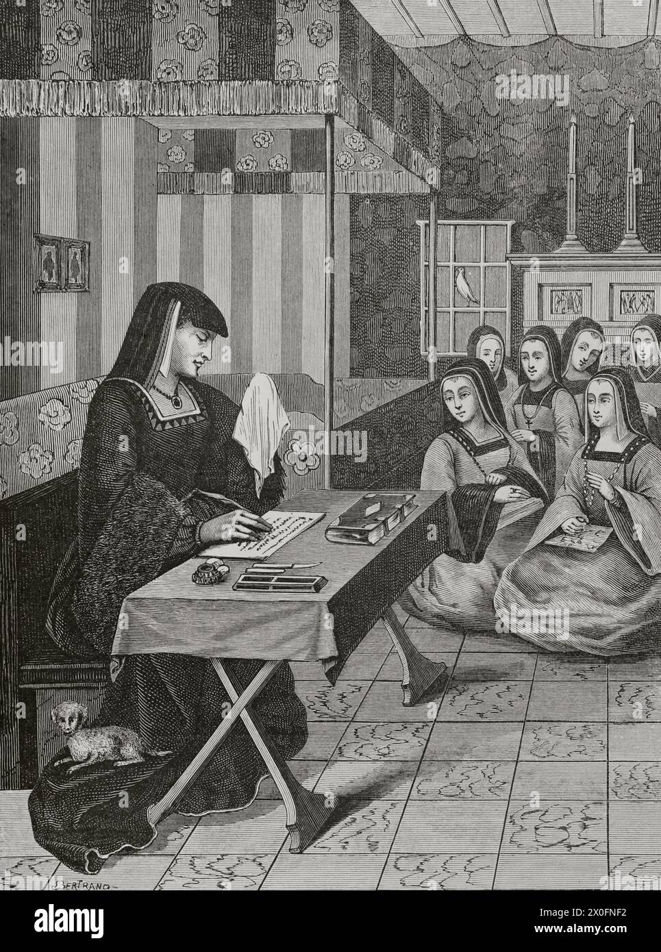 Anne de Bretagne (1477-1514) Duchesse de Bretagne (1488-1514) et deux fois reine consort de France (1491-1498, 1499-1514). Cour des Dames de la reine Anne de Bretagne. La reine est représentée en train de pleurer pour l'absence de son mari pendant les guerres italiennes. Gravure de Bertrand à partir d'une miniature des épistres envoyées au Roi, XVIe siècle. « Moeurs, usages et costumes au moyen-âge et à l'époque de la Renaissance », de Paul Lacroix. Paris, 1878. Banque D'Images