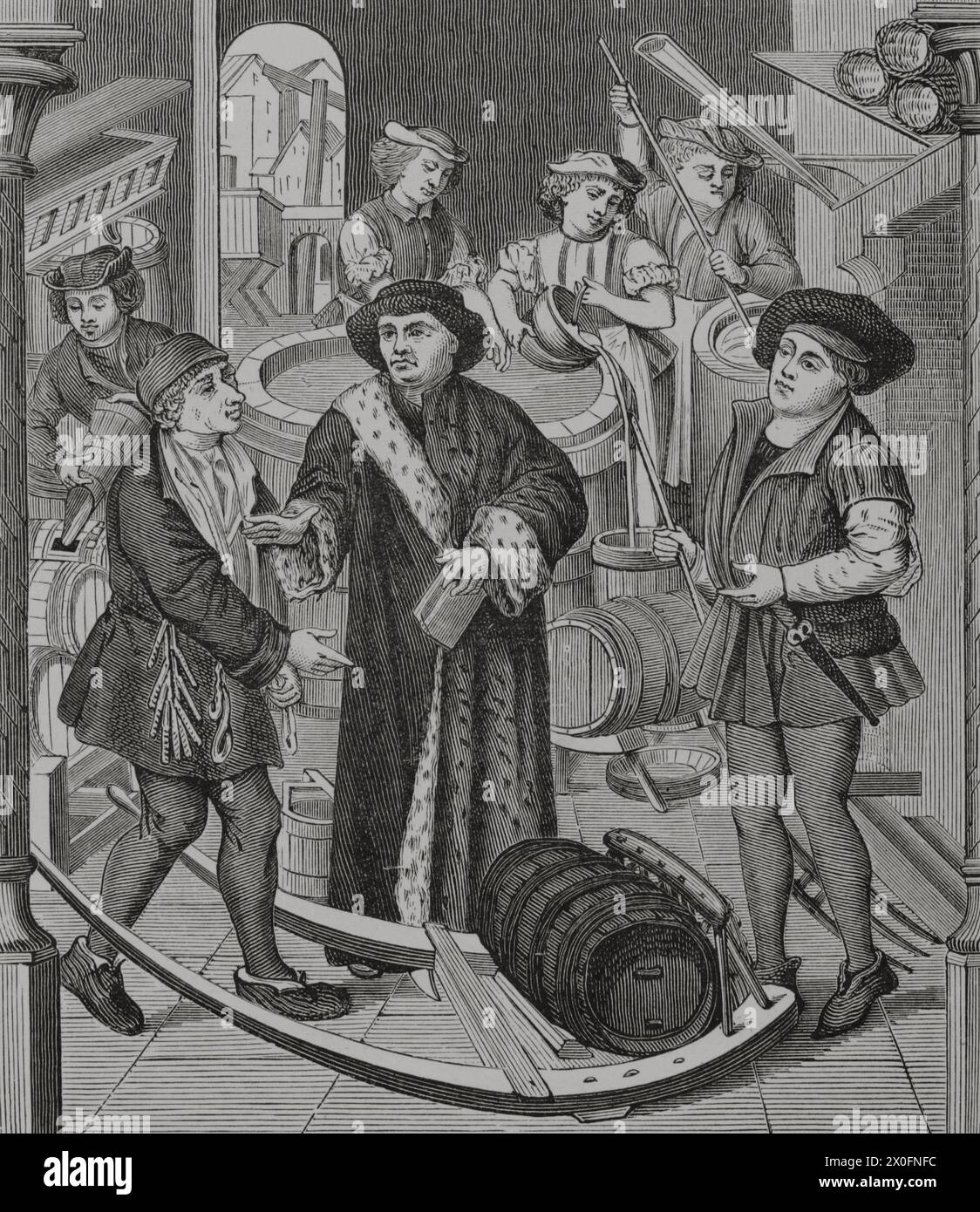 A droite de l'évêché de Tournai sur la bière. À l'origine, cet impôt était payé en nature. Le collecteur du Chapitre est allé à la maison des brasseurs pour le récupérer. Plus tard, il a été convenu que les brasseurs eux-mêmes transporteraient à la Maison le montant qui leur serait dû en nature. À partir de 1286, les brasseurs ont été autorisés à conserver toutes les prestations en échange du paiement d'une taxe annuelle. L'évêque de Tournai reçoit la dîme de bière accordée par le roi Chilpéric. Gravure d'après un vitrail de la cathédrale notre Dame de Tournai, XVe siècle. « Moeurs, usages et costumes au moyen-âge et à l'époque de l Banque D'Images