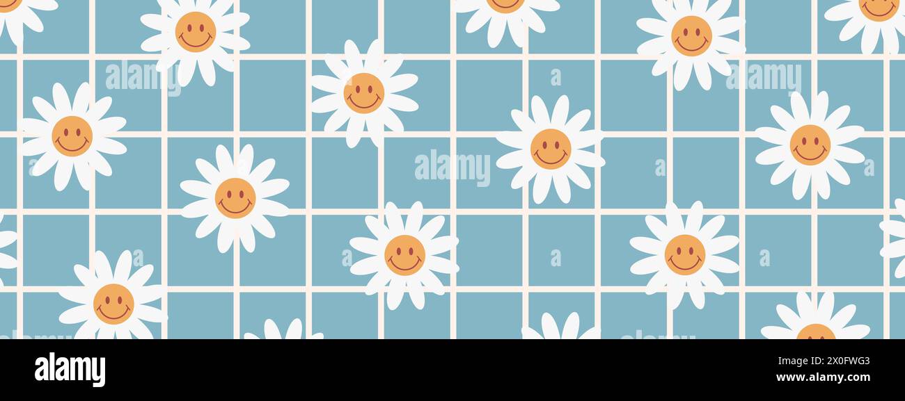 Checkerboard psychédélique. Fond groovy abstrait avec des fleurs funky. Toile de fond horizontale hippie. Esthétique Y2K. Illustration vectorielle ludique rétro Illustration de Vecteur