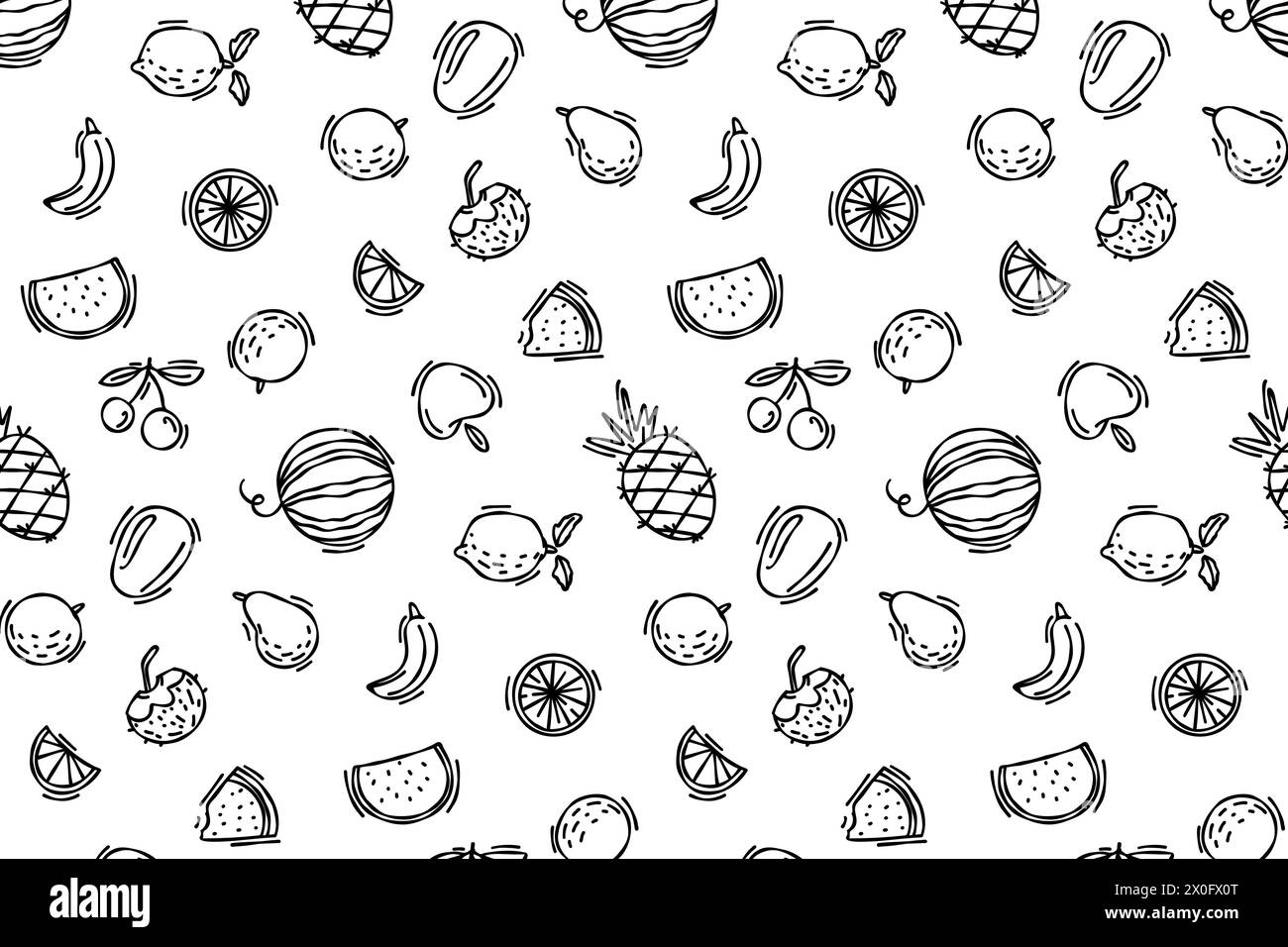 Doodle Line été modèle sans couture avec des fruits tropicaux. Motif pour Patter et design textile. Graphismes d'été vectoriels, fruits frais, motif végétalien. Illustration de Vecteur
