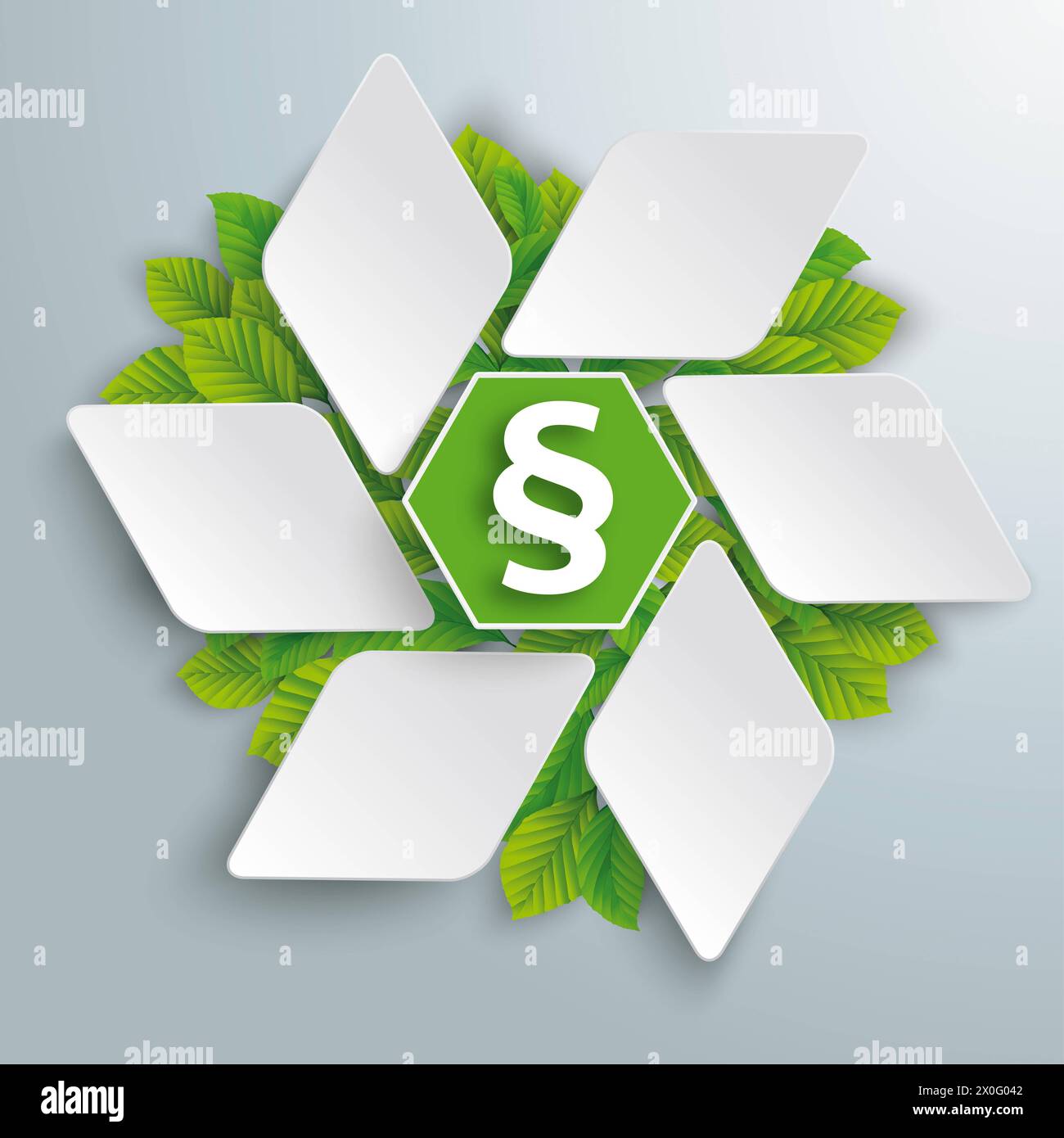 Losange hexagonal Eco Infographic feuilles vertes paragraphe Infographie avec étoile losange, paragraphe et feuilles vertes sur le fond gris. Banque D'Images