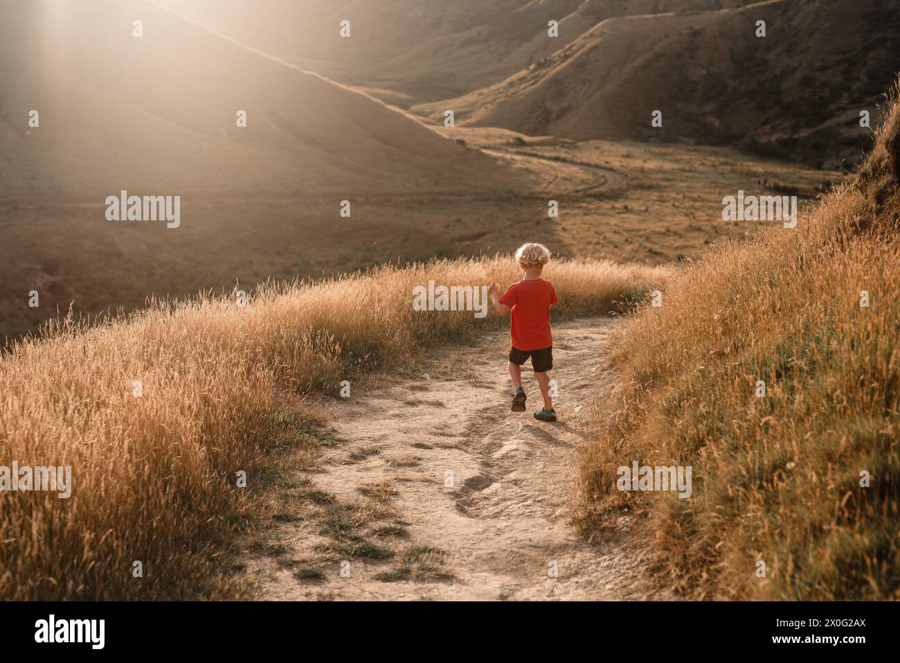Jeune garçon sautant le chemin à travers des collines avec de l'herbe dorée Banque D'Images