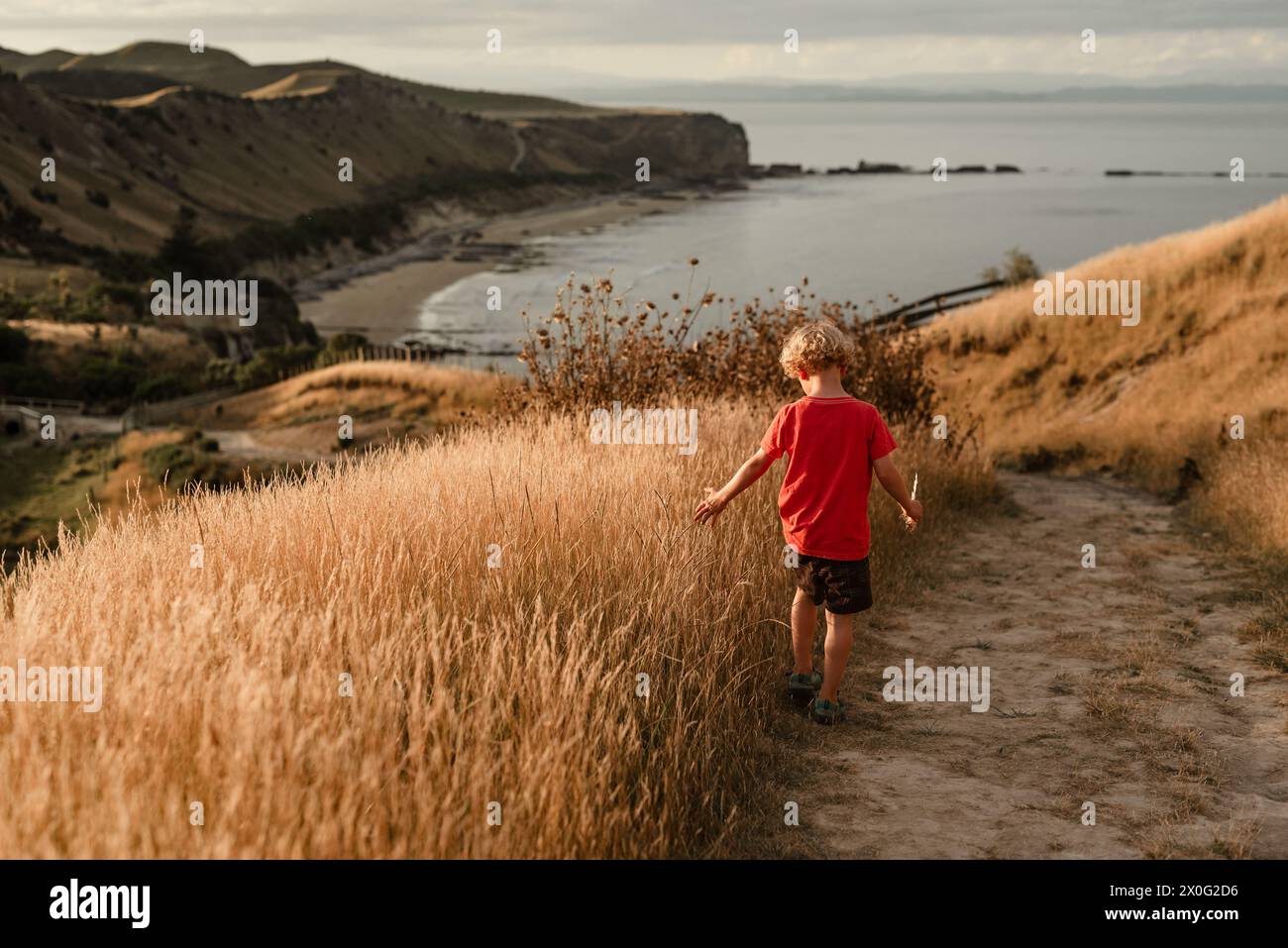 Jeune garçon marchant sur le chemin avec de l'herbe dorée au-dessus de la côte Banque D'Images