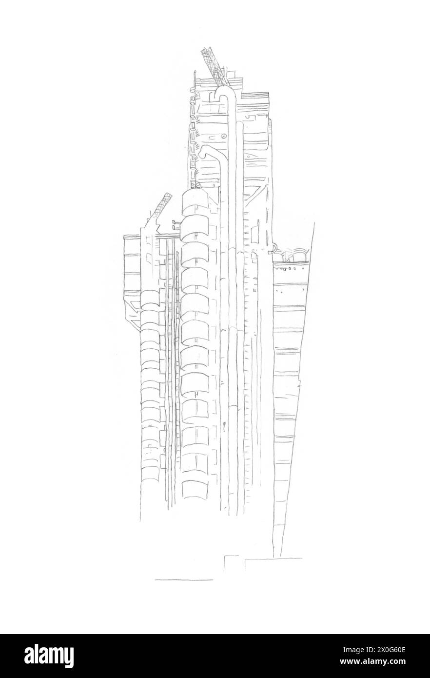 Croquis de dessin au crayon architectural du gratte-ciel Lloyd's à Londres, Royaume-Uni Banque D'Images