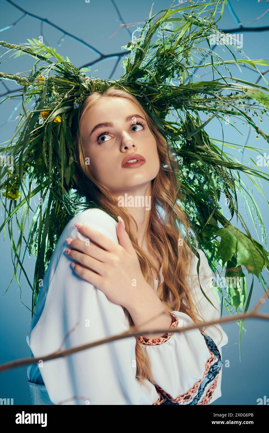 Un jeune mavka en tenue traditionnelle, avec de longs cheveux fluides, tient une bouteille mystique dans un cadre de studio de fée et de fantaisie. Banque D'Images