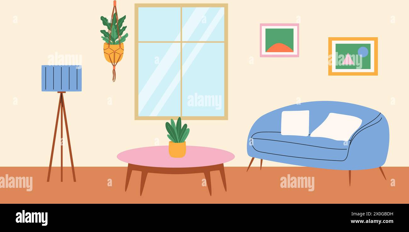 Salon avec fenêtre et plante de macramé. Illustration vectorielle Illustration de Vecteur