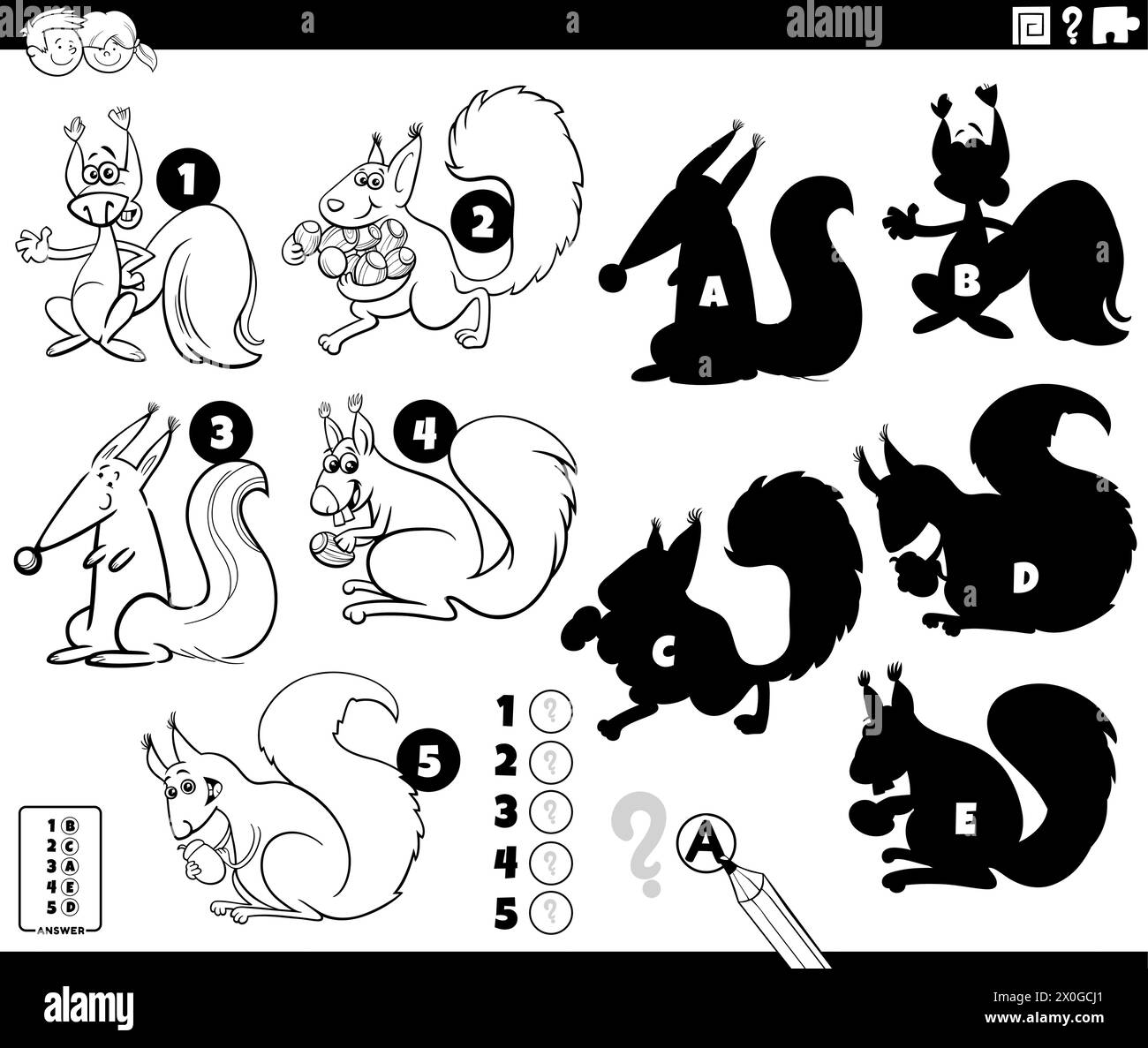 Illustration de dessin animé de trouver les ombres droites aux images jeu éducatif avec écureuils animaux personnages coloriage page Illustration de Vecteur